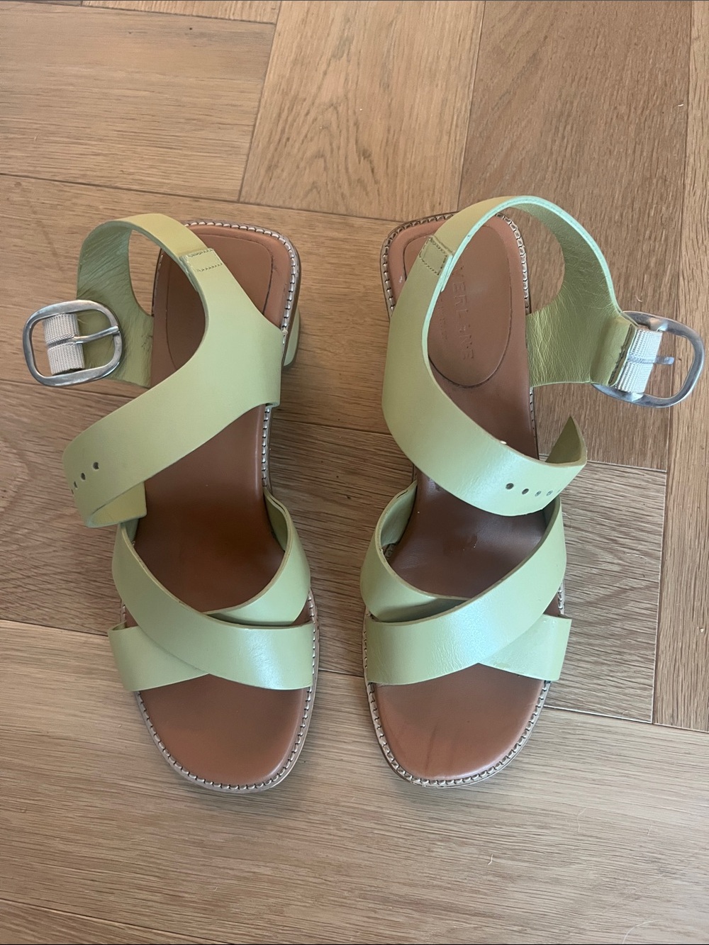 Everlane Light Green Crisscross Leather Ankle Strap Sandals